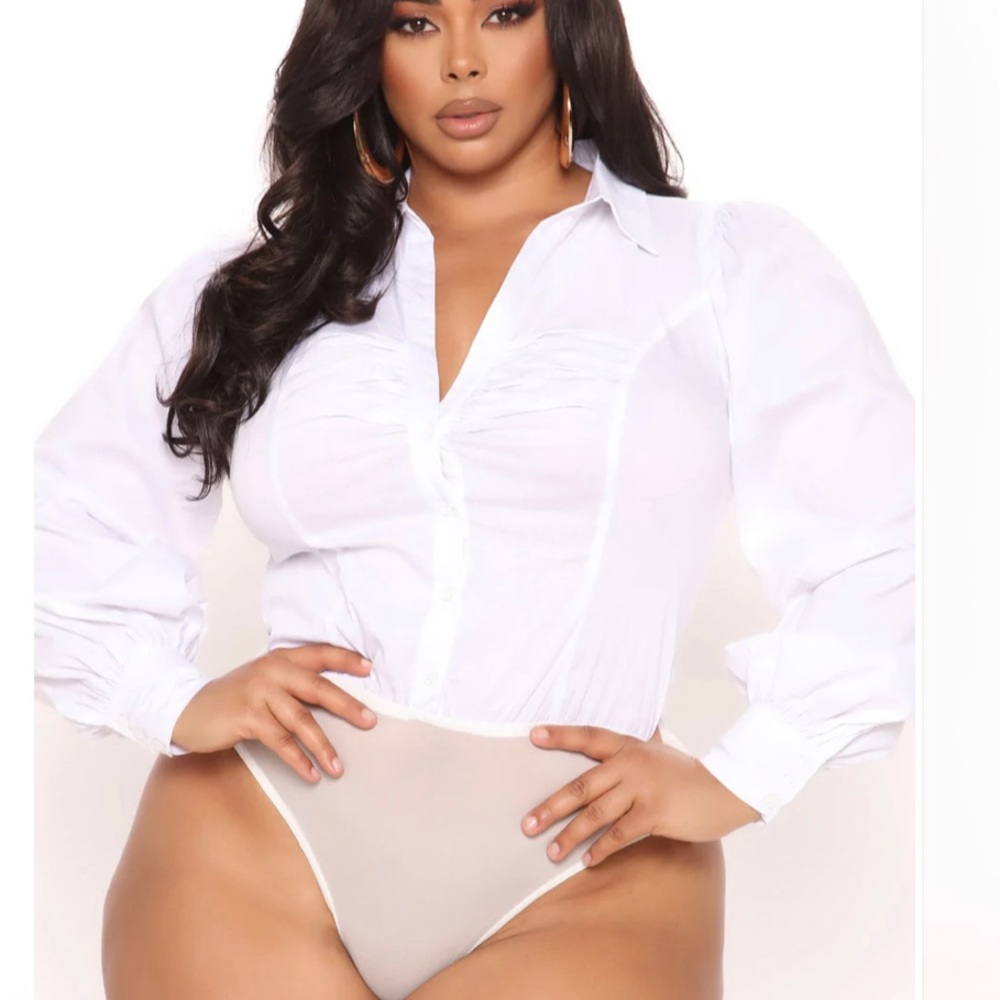 Fashion Nova Cashin’ Out Poplin Bodysuit White NWT 1X Button Down